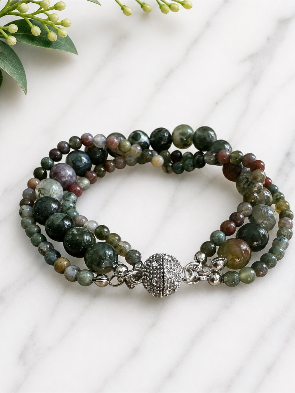 Indian Agate Magnetic Beaded Bracelet – 7.5 inches